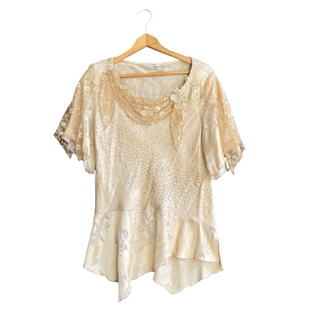 Spencer Alexis Womens Romantic Fairy Blouse Dusty Tan Stone Beaded Sheer Size 8